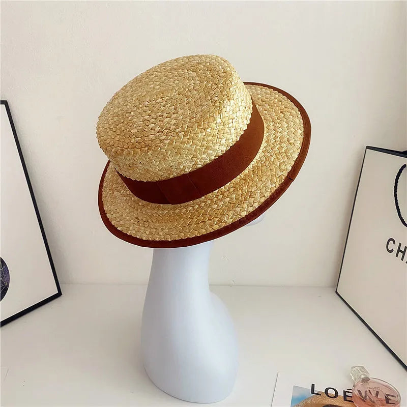Women's Summer Hat Wide Brim Woven Straw Hat Flat Top Canotier Hat Boater Hat Beach Hats Ladies Travel Holiday Casual Sun Hats
