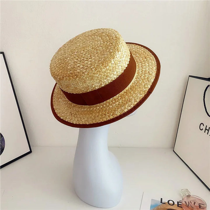 Women's Summer Hat Wide Brim Woven Straw Hat Flat Top Canotier Hat Boater Hat Beach Hats Ladies Travel Holiday Casual Sun Hats