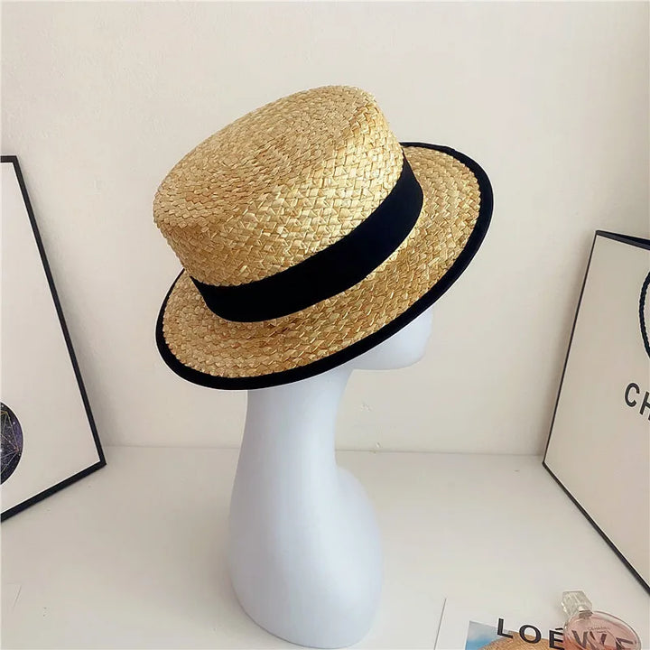 Women's Summer Hat Wide Brim Woven Straw Hat Flat Top Canotier Hat Boater Hat Beach Hats Ladies Travel Holiday Casual Sun Hats