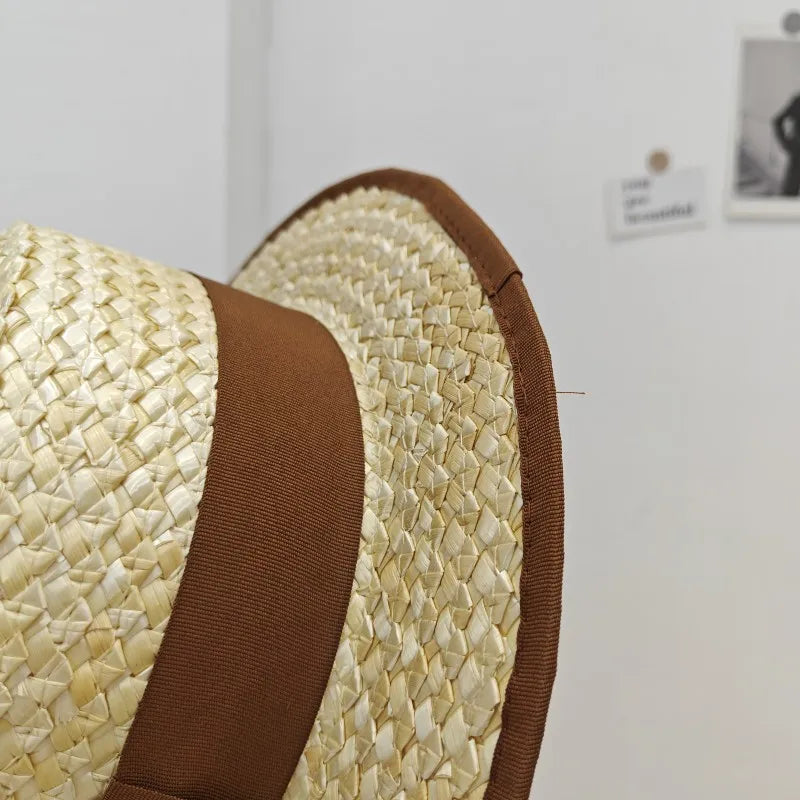 Women's Summer Hat Wide Brim Woven Straw Hat Flat Top Canotier Hat Boater Hat Beach Hats Ladies Travel Holiday Casual Sun Hats