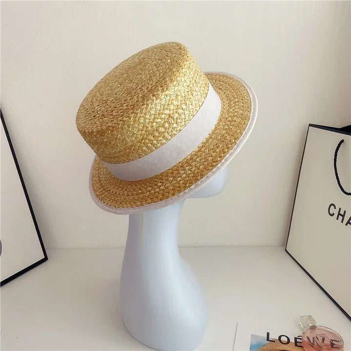 Women's Summer Hat Wide Brim Woven Straw Hat Flat Top Canotier Hat Boater Hat Beach Hats Ladies Travel Holiday Casual Sun Hats