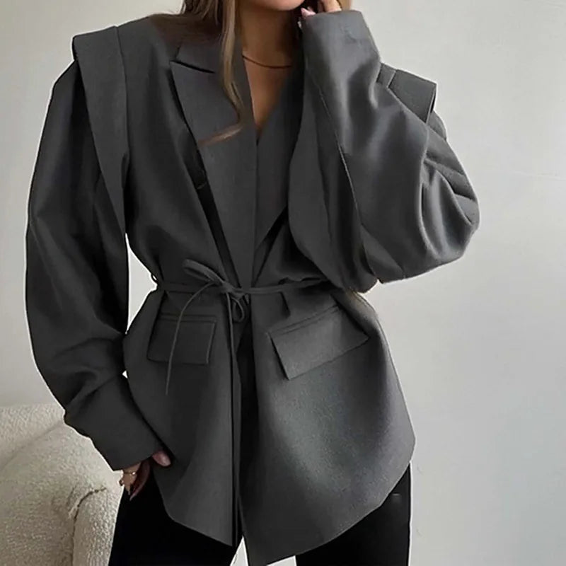Oversized Blazer Jacket Women Casual Solid Turn Down Collar Lace Up Coat Autumn Fashion Design Street Commute Office Lady Jacket