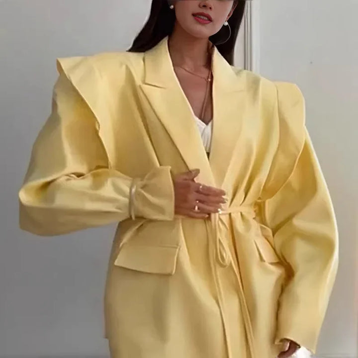 Oversized Blazer Jacket Women Casual Solid Turn Down Collar Lace Up Coat Autumn Fashion Design Street Commute Office Lady Jacket
