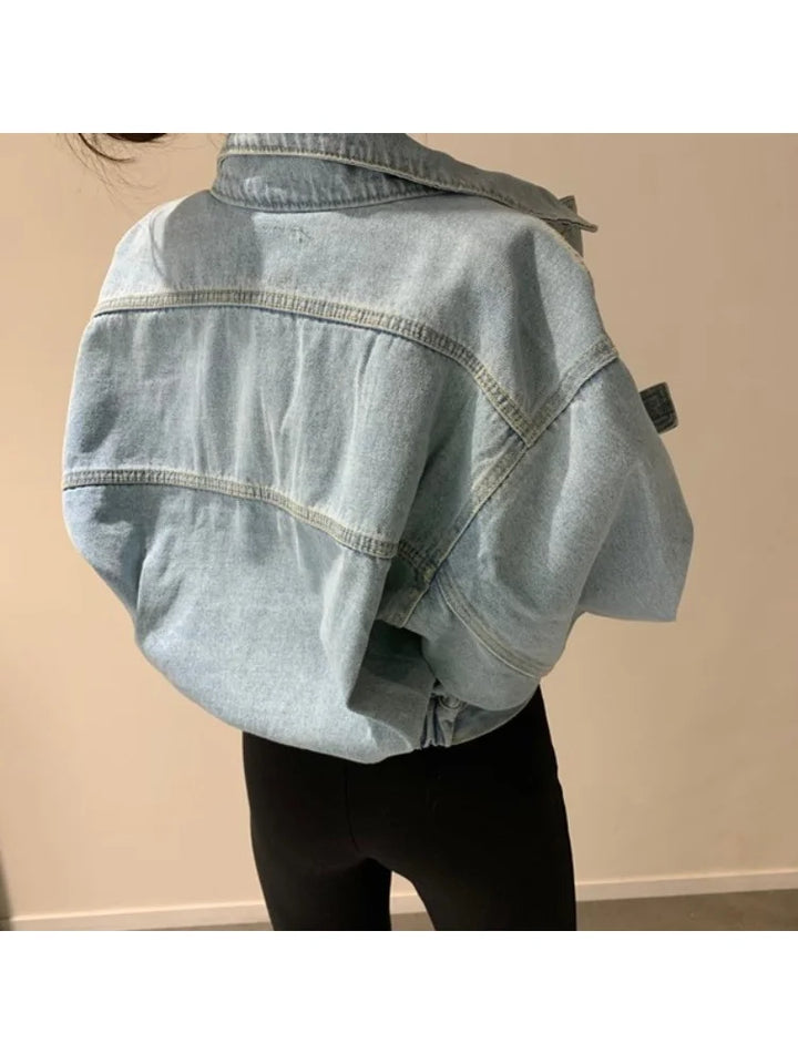 Women's Fashionable Cropped Denim Jacket Spring Autumn Turn-Down Collar Long Sleeve Oversized Loose Fit Outerwear
