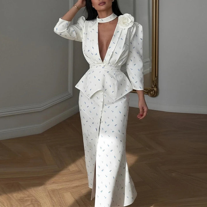 Fashion Floral Print Button Wrap Hip Dress Elegant V-neck Chic Mermaid Party Dress Casual Long Sleeve Lady Split Slim Long Dress