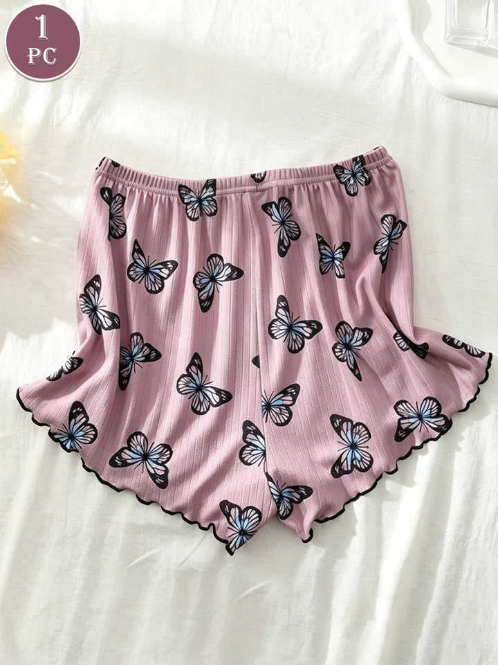 1PC Butterfly Print Waffle Knit Lounge Shorts, Elastic High Waist Scalloped Trim Soft Breathable Women Summer Sleep Bottoms