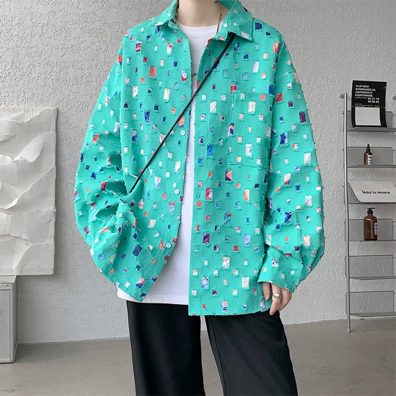 Oversized Colorful Plaid Shirt Mens Cotton Hollow Out Shirts Men Streetwear Loose Casual Long Sleeve Hole Patch Shirts M-5XL