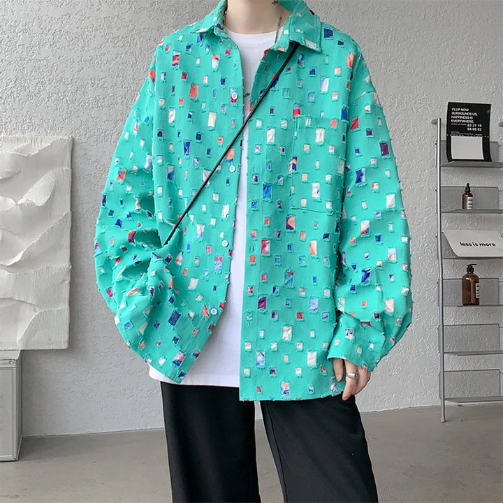 Oversized Colorful Plaid Shirt Mens Cotton Hollow Out Shirts Men Streetwear Loose Casual Long Sleeve Hole Patch Shirts M-5XL