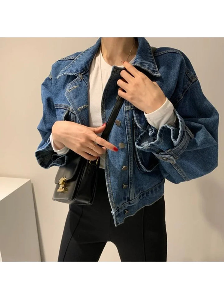 Women's Fashionable Cropped Denim Jacket Spring Autumn Turn-Down Collar Long Sleeve Oversized Loose Fit Outerwear