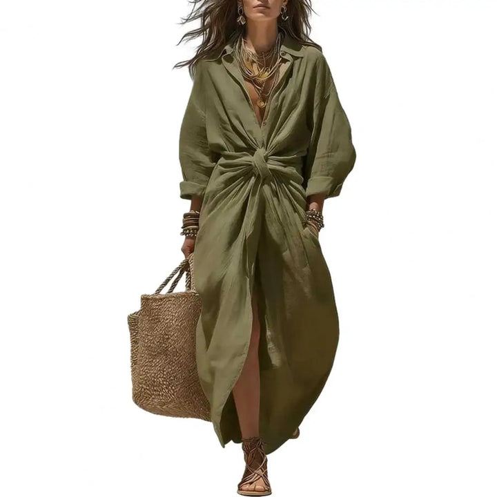 Maxi Shirt Dress for Women V Neck Long Sleeve Ruffled Tie Waist Boho Long Dress, High Slit A-line Loose Flowy Dress with Pockets