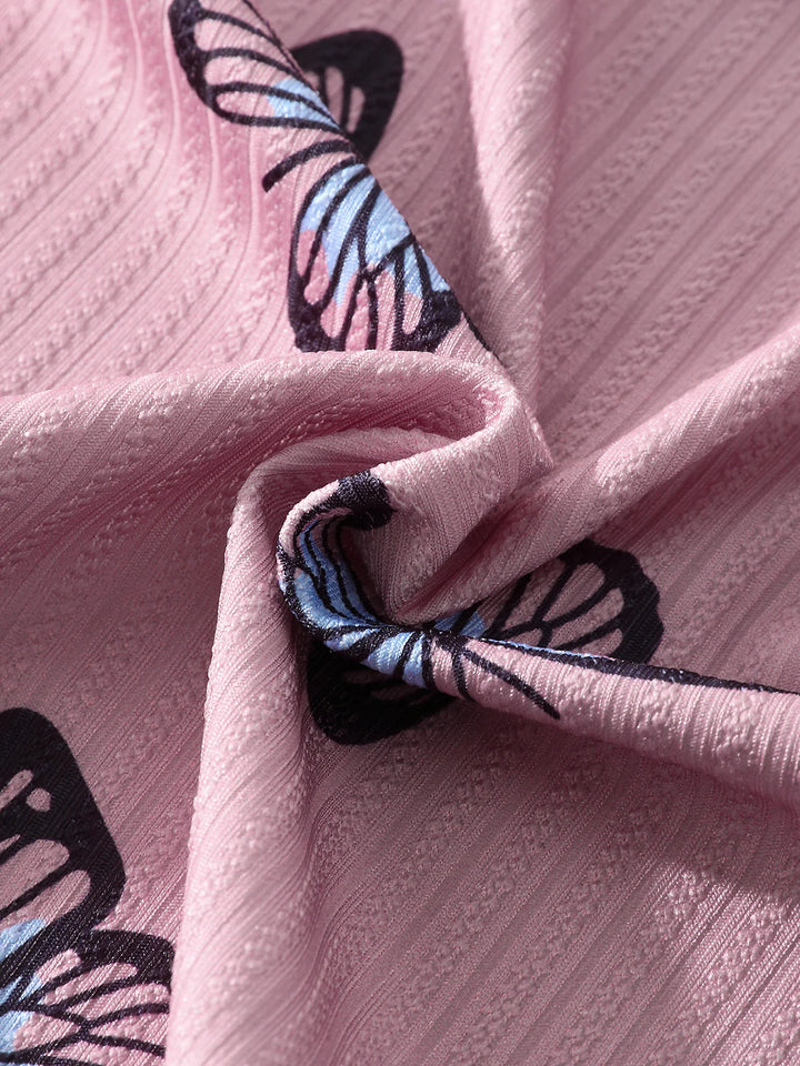 1PC Butterfly Print Waffle Knit Lounge Shorts, Elastic High Waist Scalloped Trim Soft Breathable Women Summer Sleep Bottoms