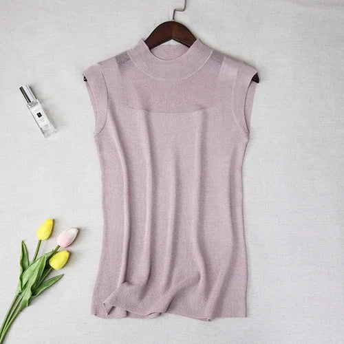Women's Mock Neck Tank Tops Semi Sheer Sleeveless Crop Top Lightweight Knit Vest Summer Teen-girl Basic Outfit