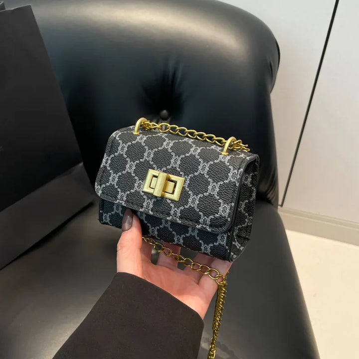 Stylish Mini Crossbody Bag with Geometric Pattern Faux Leather Buckle Closure Painted Edge Detail Faux Leather Lining Purse