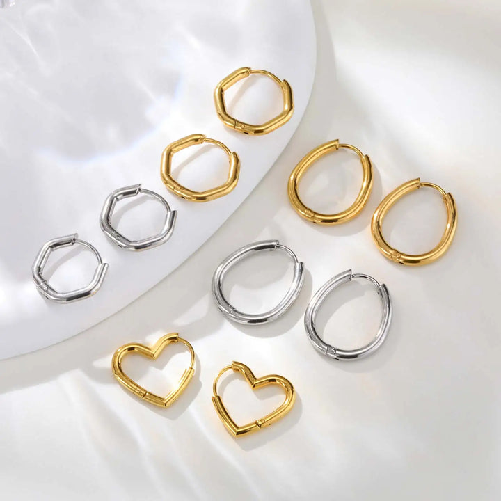 Minimalist Stainless Steel Hoop Earrings For Women, Geometric Oval Heart Gold Plated Huggies Earrings, Chic Jewelry Gift