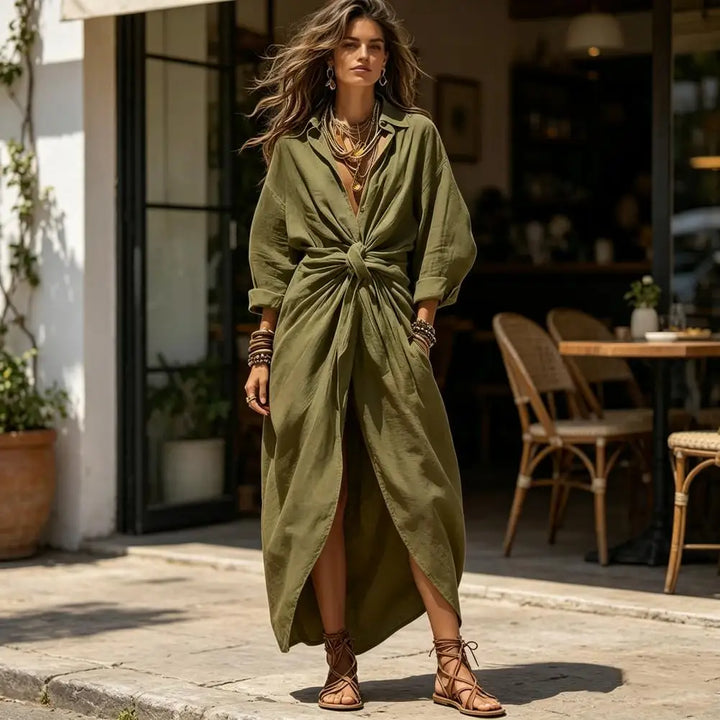 Maxi Shirt Dress for Women V Neck Long Sleeve Ruffled Tie Waist Boho Long Dress, High Slit A-line Loose Flowy Dress with Pockets