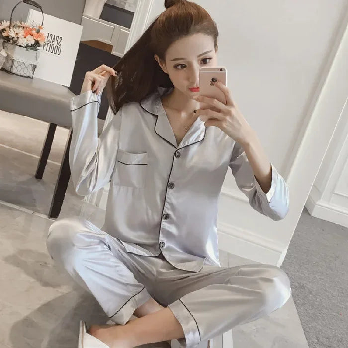 Womens Silk Satin Pajamas Set Sleepwear Pijama Women's Loungewear Pajamas Suit Female Sleep Two Piece Set Feminino Fofo Pyjamas