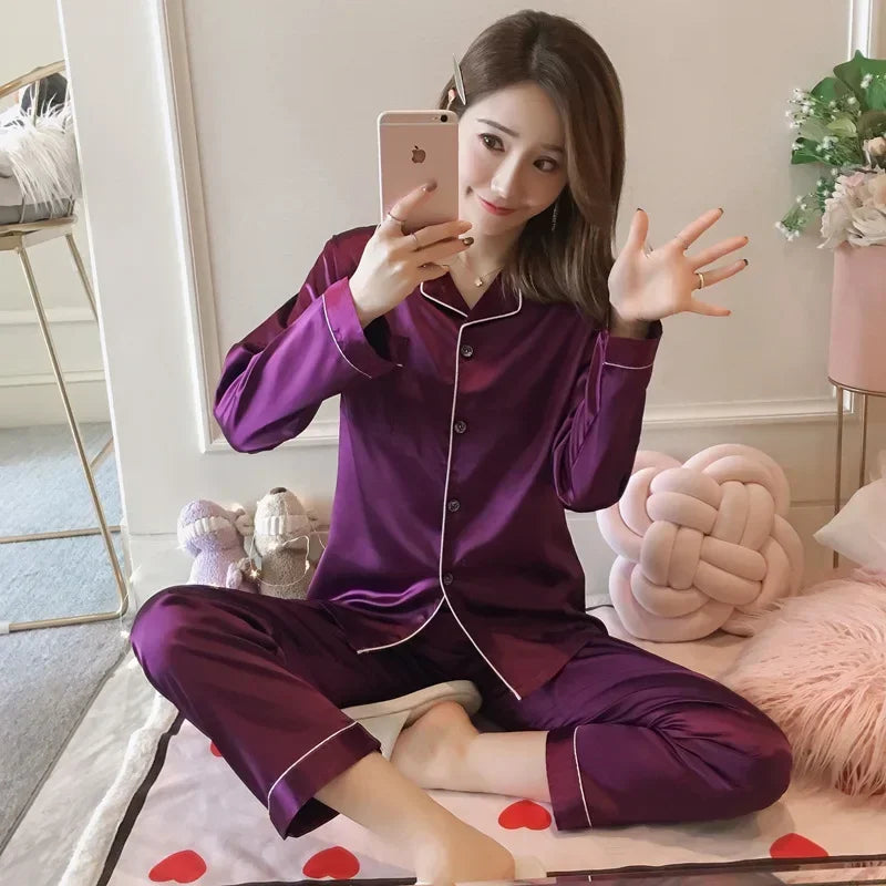 Womens Silk Satin Pajamas Set Sleepwear Pijama Women's Loungewear Pajamas Suit Female Sleep Two Piece Set Feminino Fofo Pyjamas