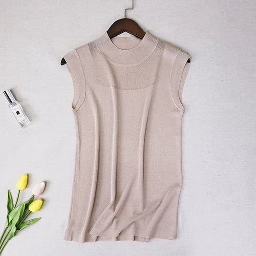 Women's Mock Neck Tank Tops Semi Sheer Sleeveless Crop Top Lightweight Knit Vest Summer Teen-girl Basic Outfit