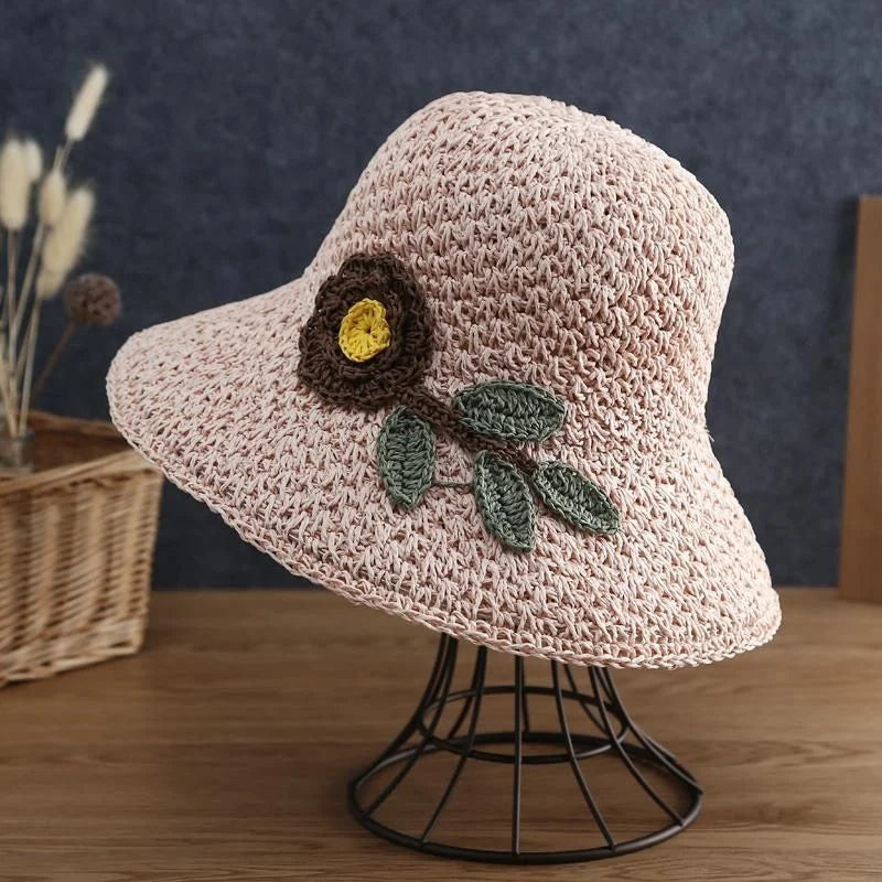 Summer Straw Hat for Women Hand-woven Flower Patterns Sunhat Elegant Ladies Party Dress Cap Travel Beach Breathable Panama Hats