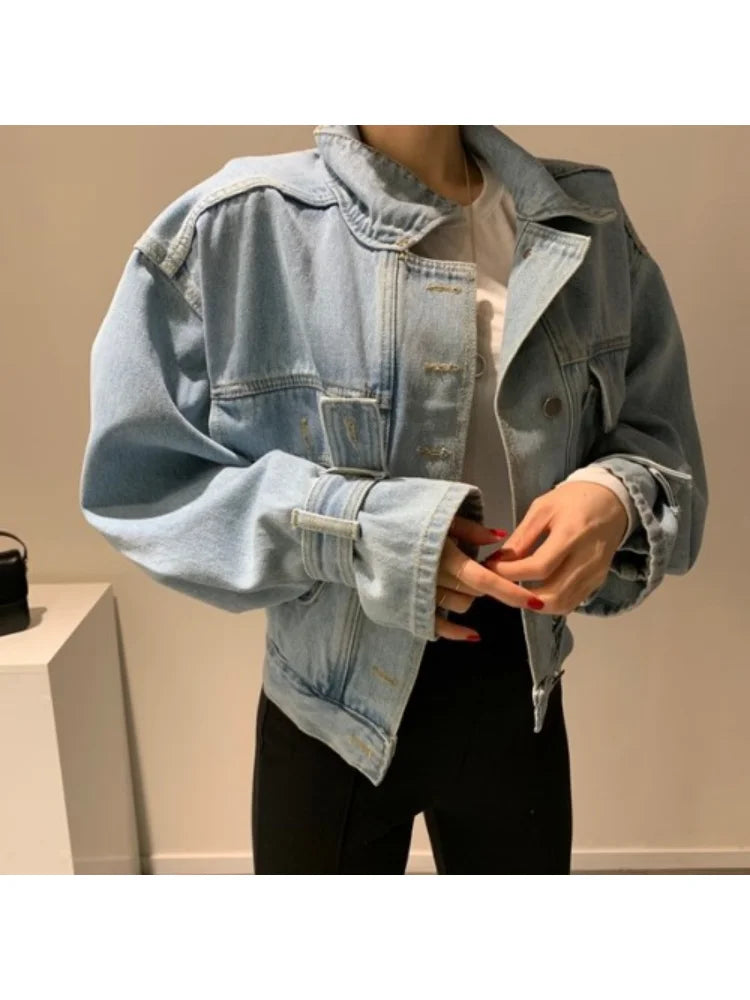 Women's Fashionable Cropped Denim Jacket Spring Autumn Turn-Down Collar Long Sleeve Oversized Loose Fit Outerwear