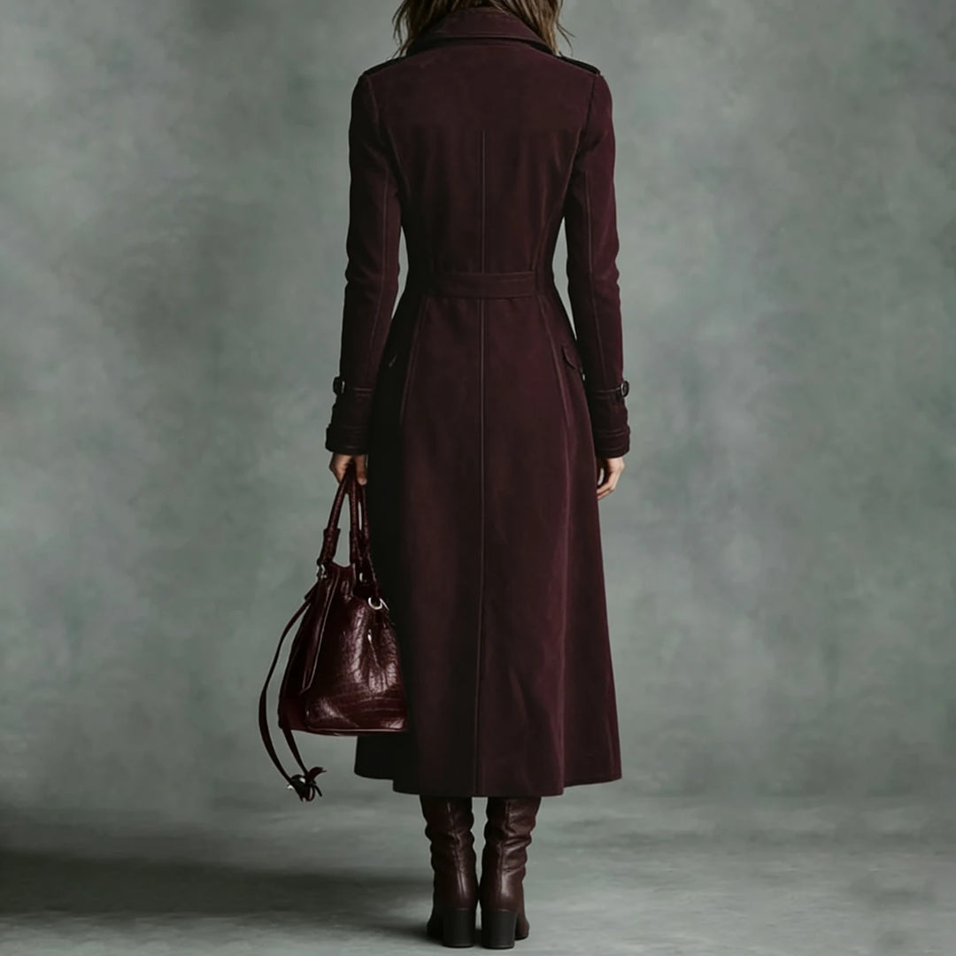 Trench Coat Women Chocolate Suede Double-Breasted Long Trench Coat Elegant Office Daily Outing 2026 Trendy Tops Nuevo Estilo