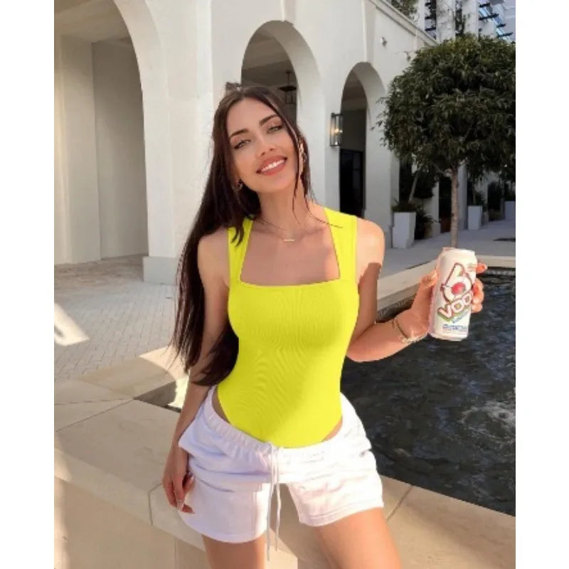 Women Ribbed Square Neck Bodysuit Hot Sale Sleeveless Seamless Tank Top Bodycon Shapewear  Control Casual Streetwear Y2k Clothes