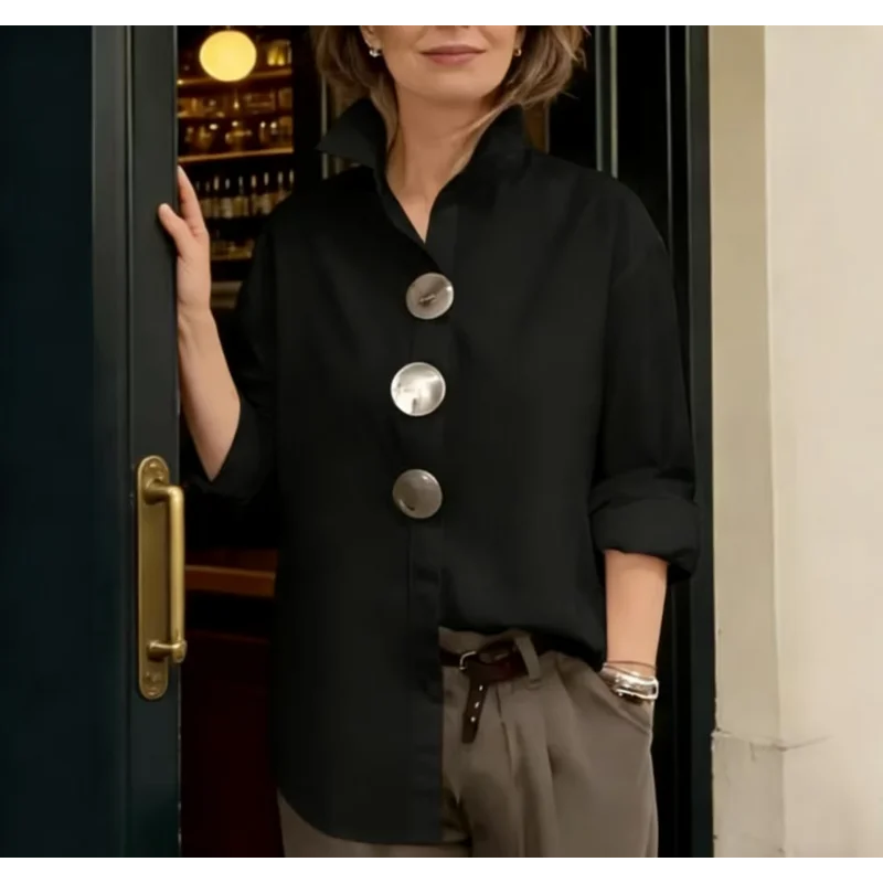 New Women's Oversized Button Down Shirt Turn Down Collar Long Sleeve Casual Loose Blouse Top