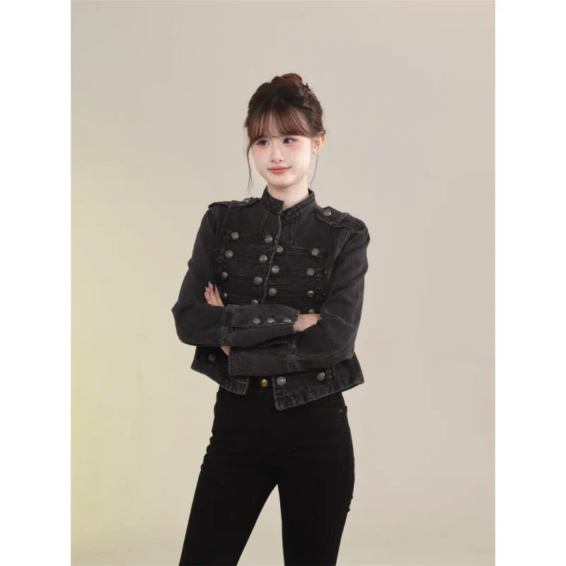 Women's American Retro Denim Military Inspired Cropped Jacket Long Sleeve Stand Collar Casual Motorcycle Coat