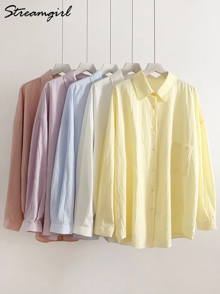 White Basic Oversized Button Up Shirts Women Summer Cotton Office Wear Loose Blouses Female Yellow Shirt Long Sleeve For Women