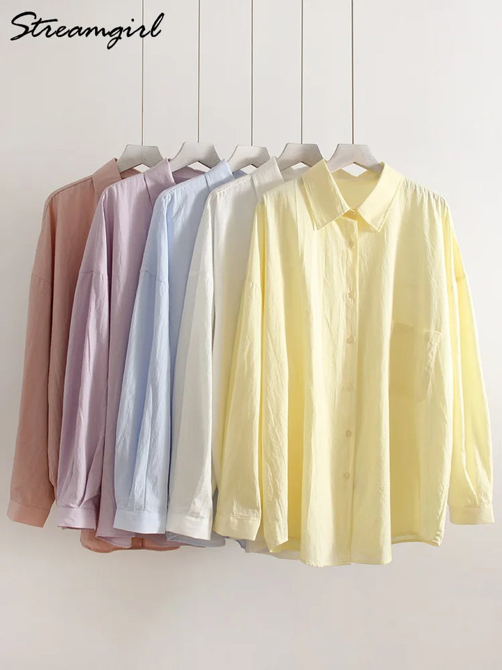White Basic Oversized Button Up Shirts Women Summer Cotton Office Wear Loose Blouses Female Yellow Shirt Long Sleeve For Women
