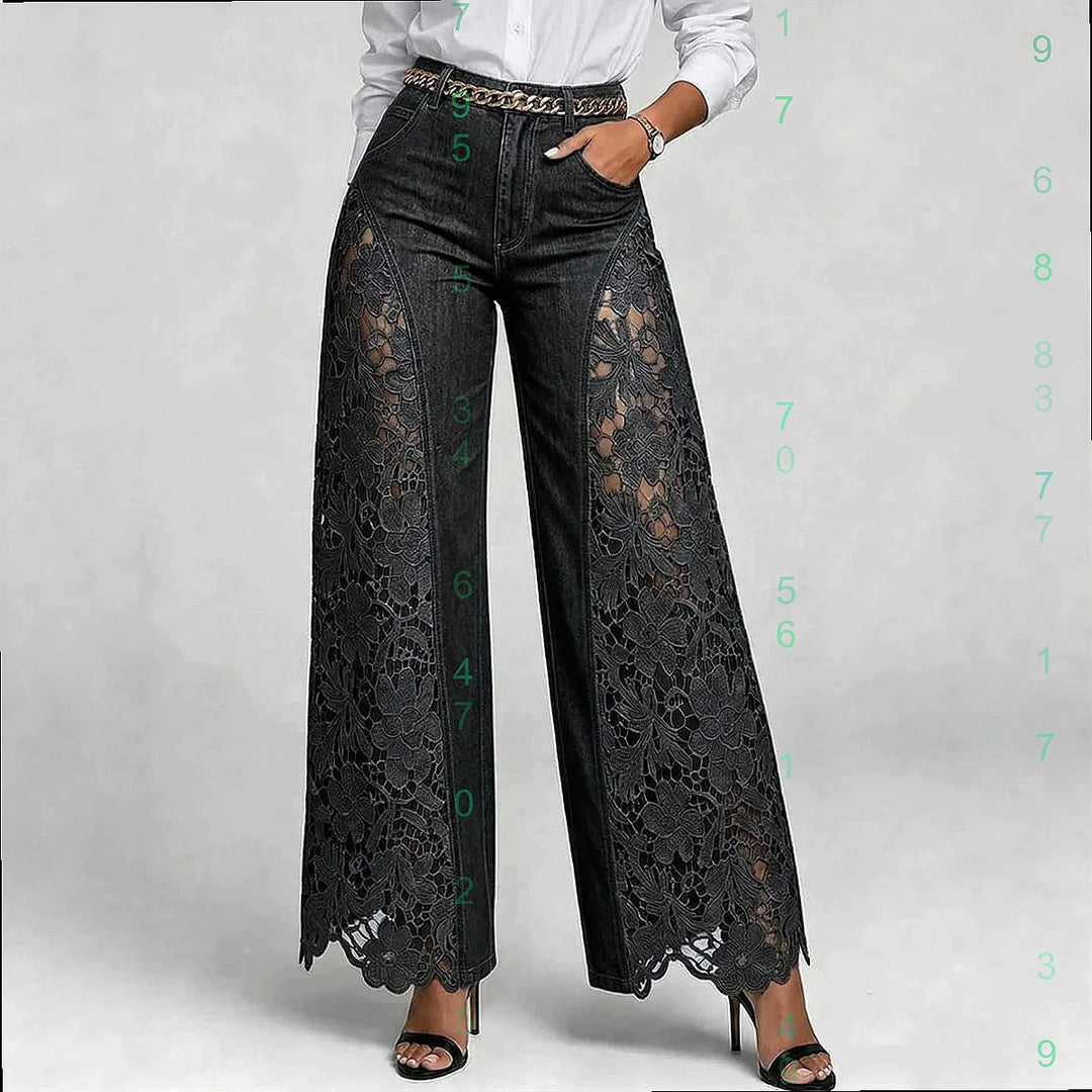 High Waist Wide Leg Pants Women Spring Summer Fashion Hollow Lace Denim Flowy Trousers Palazzo Pants