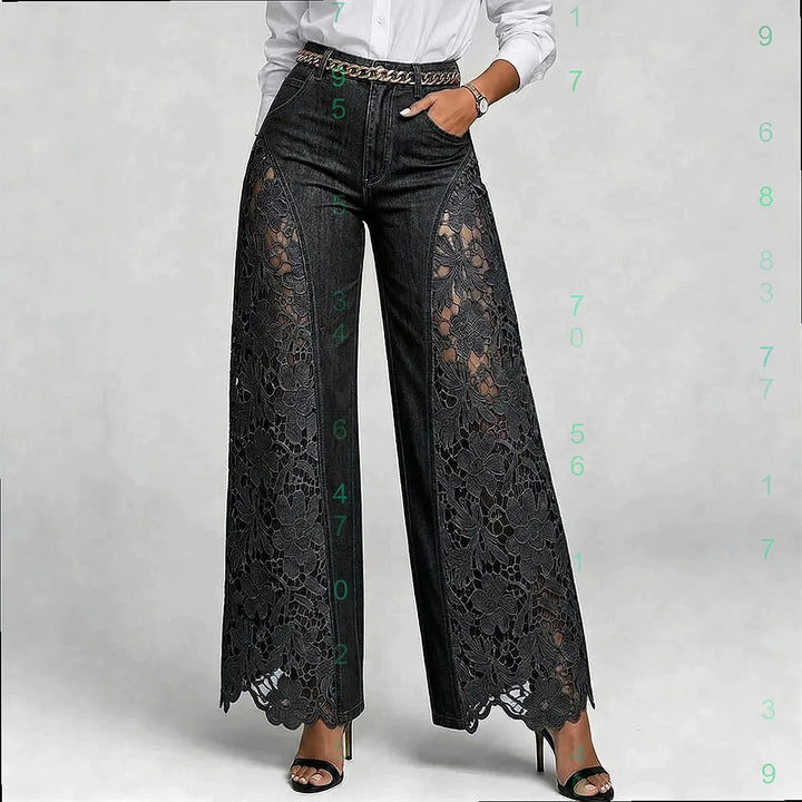 High Waist Wide Leg Pants Women Spring Summer Fashion Hollow Lace Denim Flowy Trousers Palazzo Pants