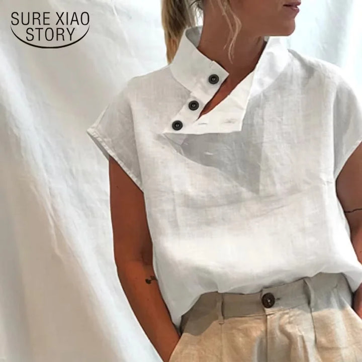 Fashion Cotton Linen T Shirt Lightweight Women's Shirt Round Slit Button Down Collar Short Sleeve Solid Top Casual Tops