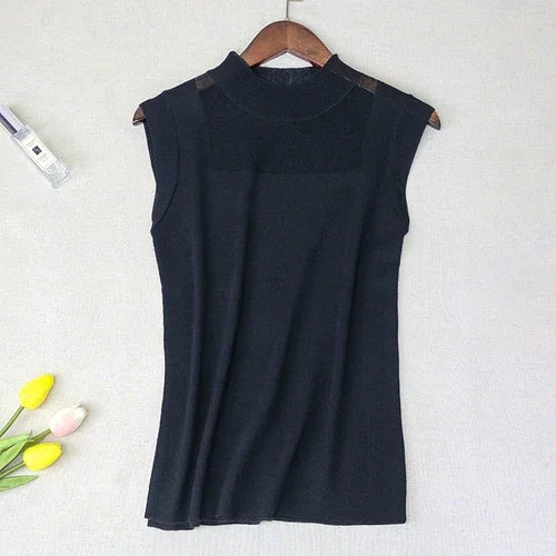 Women's Mock Neck Tank Tops Semi Sheer Sleeveless Crop Top Lightweight Knit Vest Summer Teen-girl Basic Outfit