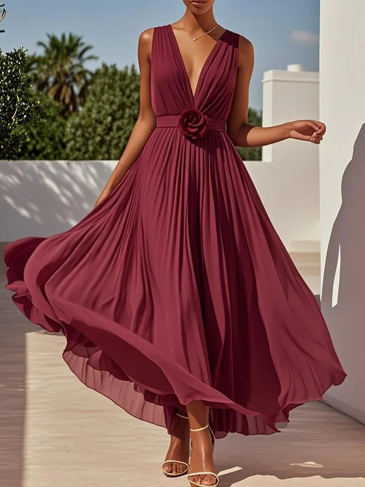 Elegant Solid Color Sleeveless A-Line Dress Sexy Deep V-Neck Backless Big Swing Dress Fashion Pleated Waist Formal Banquet Dress