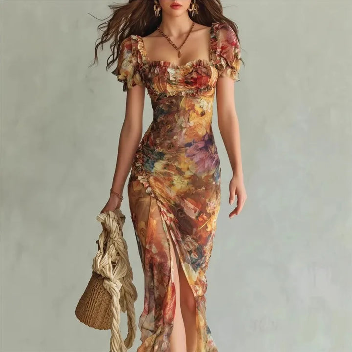 Boho Floral Maxi Dress Woman Sexy Square Collar Ruched Split Bodycon Long Dress New Summer Puff Sleeve Ruffle Party Dress
