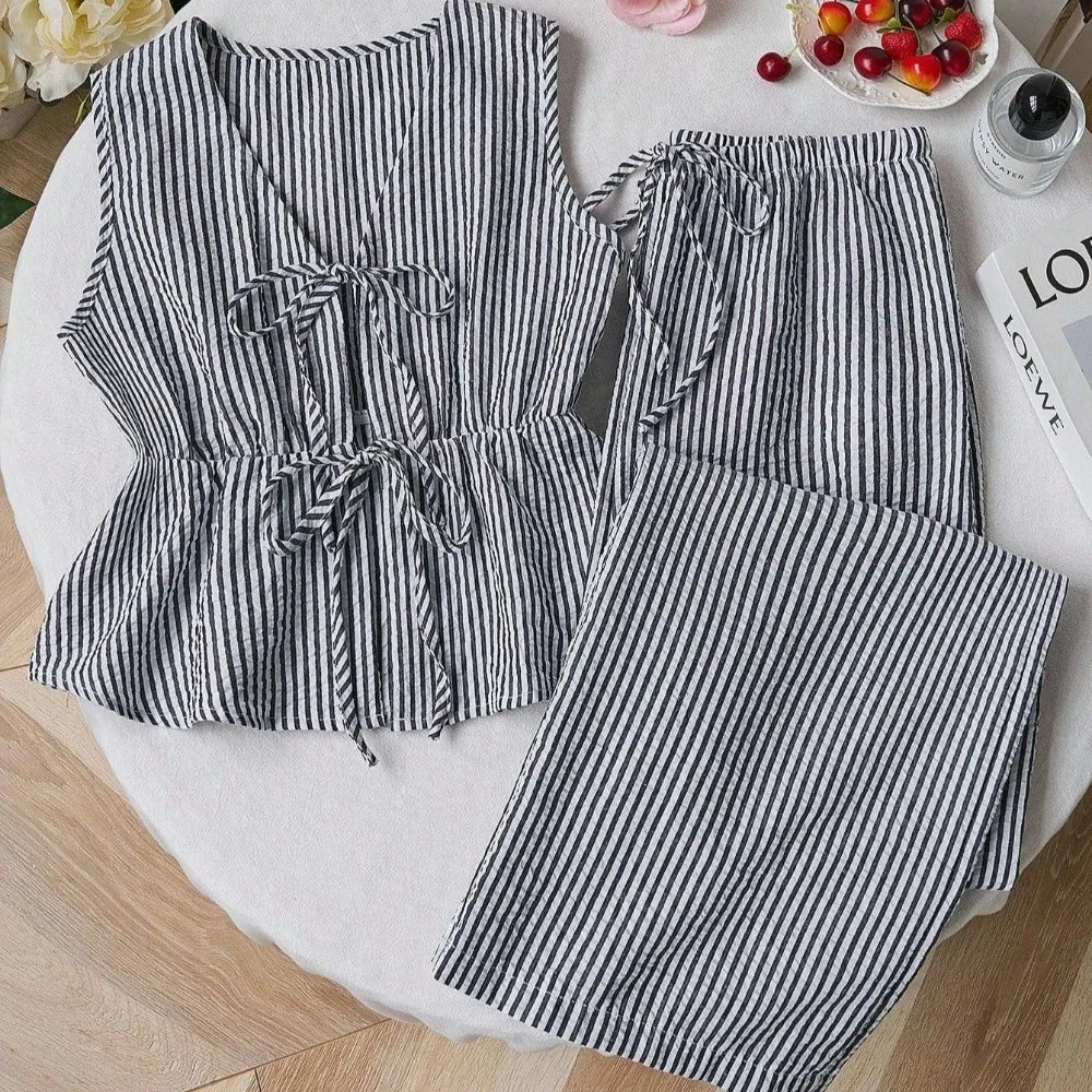 Women‘s Two-Piece Set -Solid Color with Stripe Detail Lounge Set,Strappy Camisole & Wide Leg Tie-Waist Pants,Sweet Casual Outfit