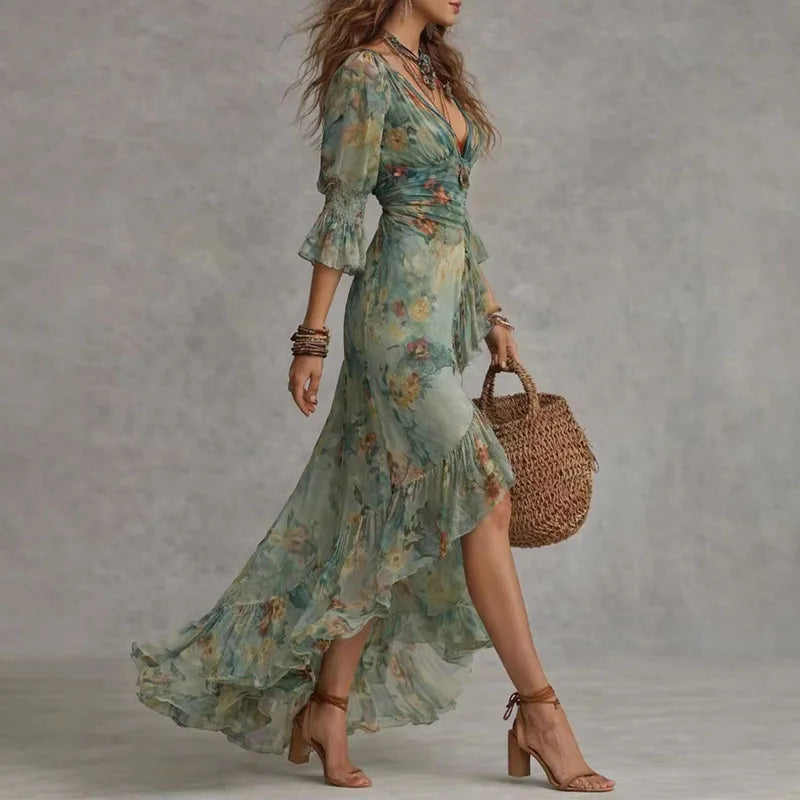 Vintage Floral Print Wrap Dresses Women V Neck Bell Sleeve Cinched Waist Asymmetrical Split Maxi Dress Boho Vacation Party Dress