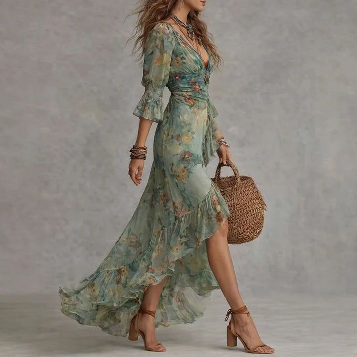 Vintage Floral Print Wrap Dresses Women V Neck Bell Sleeve Cinched Waist Asymmetrical Split Maxi Dress Boho Vacation Party Dress