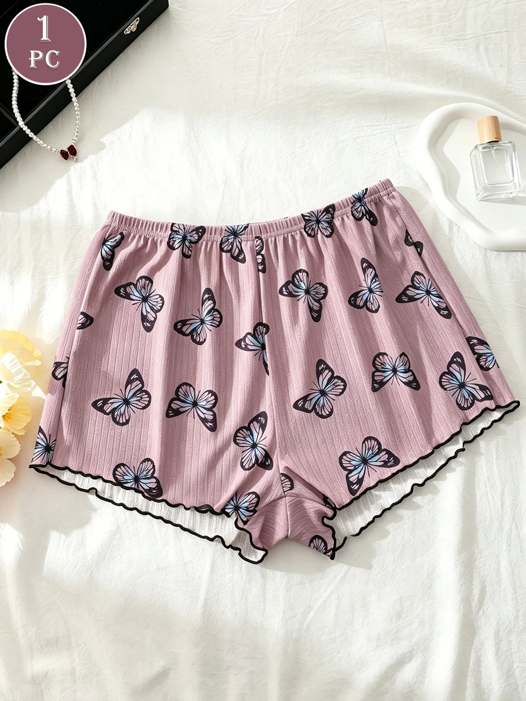 1PC Butterfly Print Waffle Knit Lounge Shorts, Elastic High Waist Scalloped Trim Soft Breathable Women Summer Sleep Bottoms