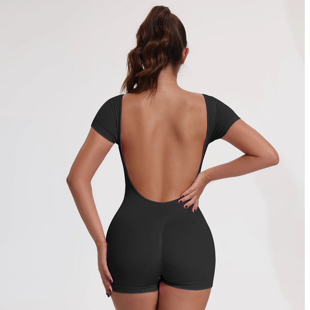 Backless Ribbed Bodysuit for Women Seamless U-Neck Short Sleeve Scoop Neck Jumpsuit Tummy Control Butt Lifting Workout Romper