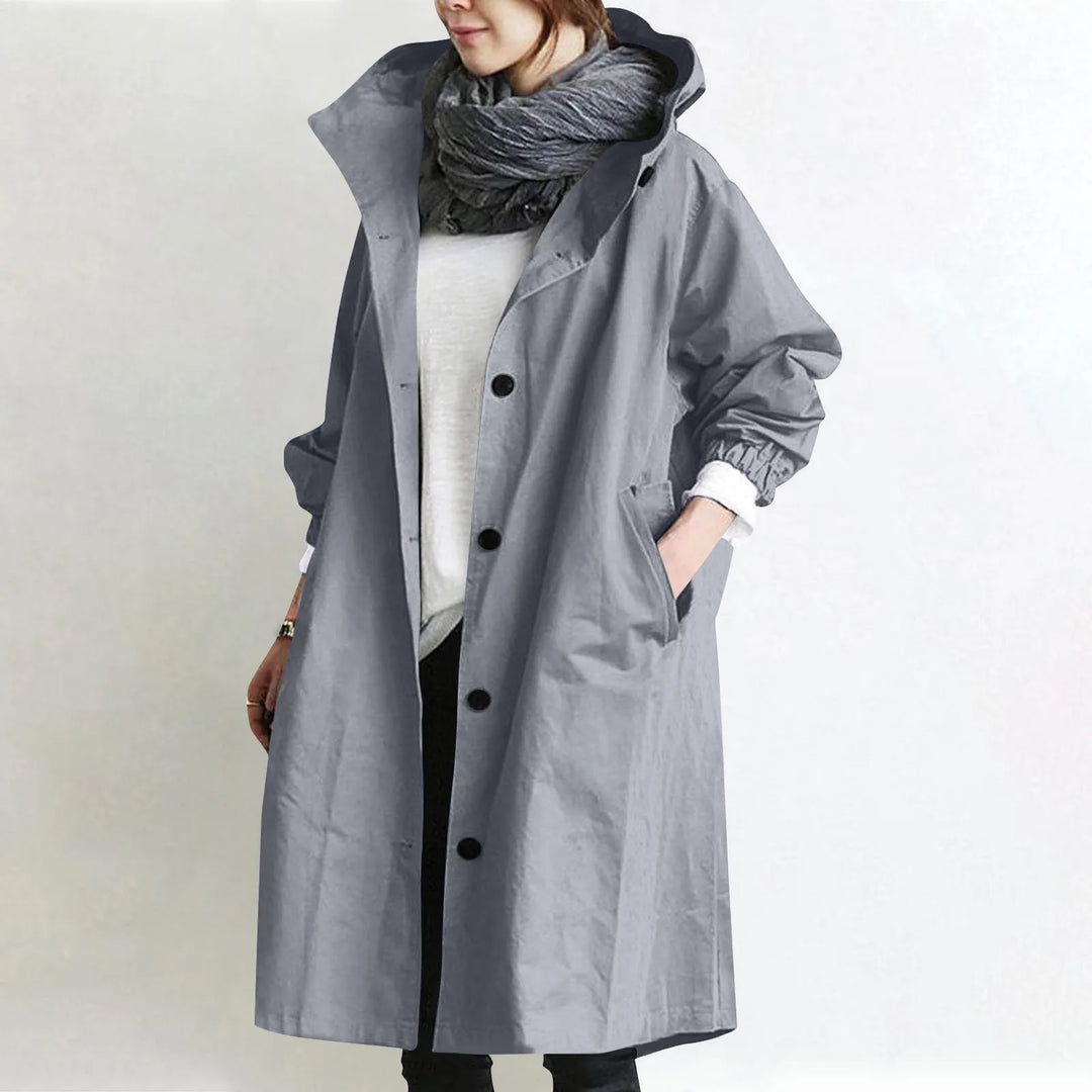 Trendy Women's Long Trench Coat Women's Solid Color Elegant Windbreaker Loose Comfortable Hooded Temperament Ladies Raincoat