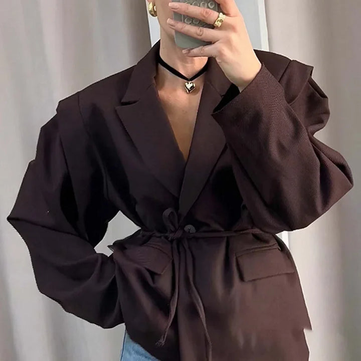 Oversized Blazer Jacket Women Casual Solid Turn Down Collar Lace Up Coat Autumn Fashion Design Street Commute Office Lady Jacket