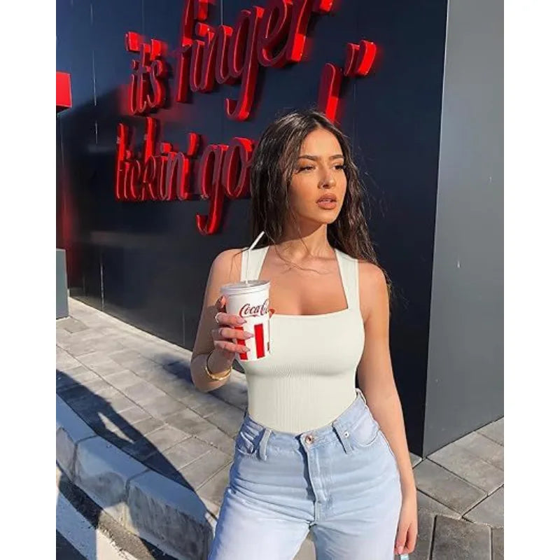 Women Ribbed Square Neck Bodysuit Hot Sale Sleeveless Seamless Tank Top Bodycon Shapewear  Control Casual Streetwear Y2k Clothes
