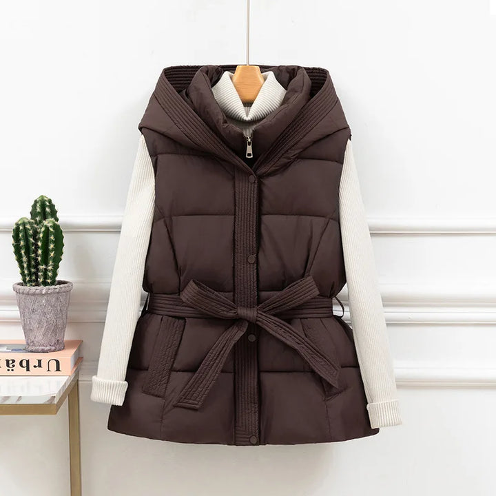 2025 New Women's Quilted Puffer Vest Thicken Warm Winter Hooded Coat Solid Sleeveless Padded Outwear Cropped Button Zip Up Coat