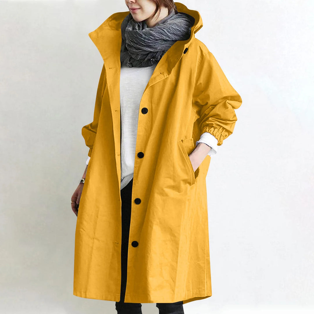 Trendy Women's Long Trench Coat Women's Solid Color Elegant Windbreaker Loose Comfortable Hooded Temperament Ladies Raincoat