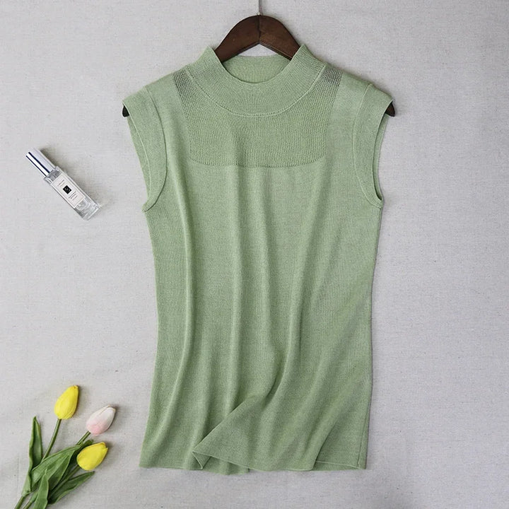Women's Mock Neck Tank Tops Semi Sheer Sleeveless Crop Top Lightweight Knit Vest Summer Teen-girl Basic Outfit