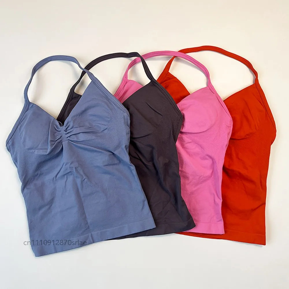 Women's Seamless Yoga Tank Top with Removable Pads V-Neck Longline Strappy Workout Gym Fitness Vest Sports Clothes