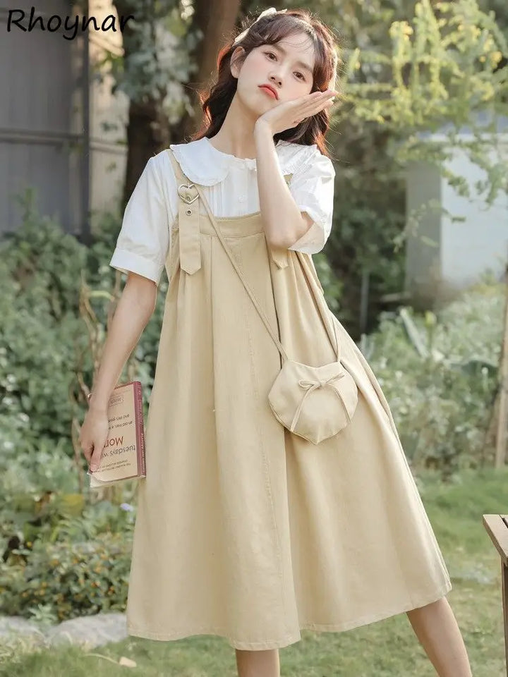 Sleeveless Dress Women Clothing A-line Kawaii Pure Korean Fashion Baggy All-match Vintage Preppy Girlish Sweet Vestidos Summer