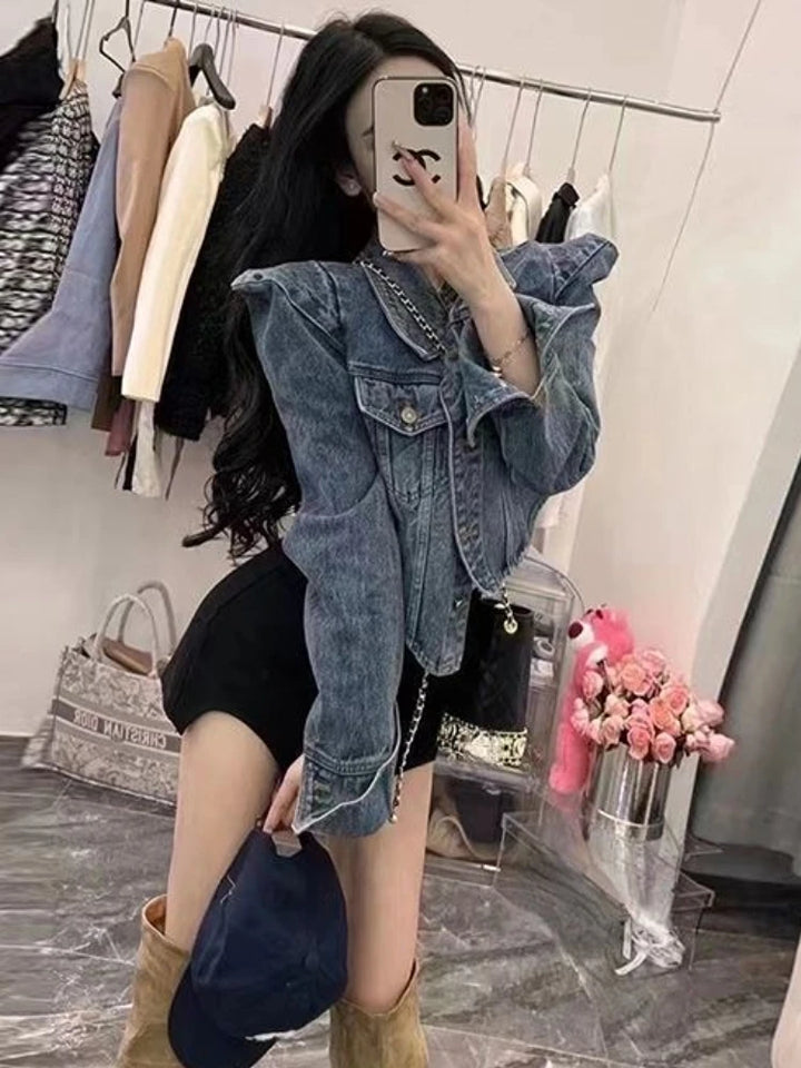 American Vintage Cropped Jackets Women Denim Chic Design Hip Hop Streetwear Young Slim Outwear Long Sleeve New Spring Popular